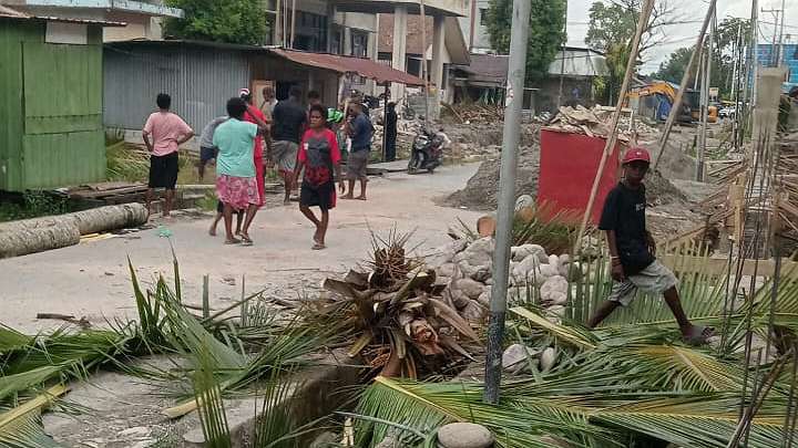 Penebangan pohon yang mengakibatkan listrik area Kota Timika dan sekitarnya sempat padam. Foto: PLN Timika