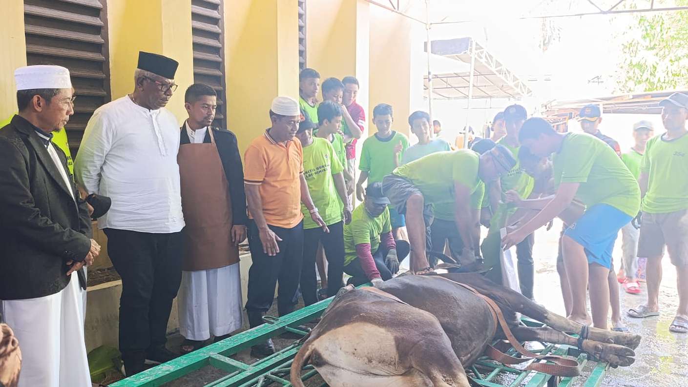 Bupati Mimika, Johannes Rettob pantau langsung pemotongan hewan kurban di masjid LDDI Mimika, foto; Martha/ Papua60detik