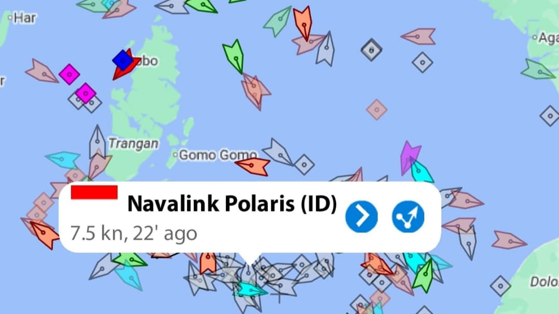 Kapal perbaikan kabel optik Prima Navalink terpantau dari aplikasi Tracking telah memasuki perairan pulau Kimam, Merauke, Papua Selatan dan siap melalukan perbaikan kabel otpik. Foto: Istimewa