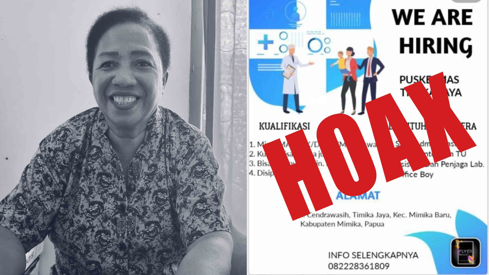 Kapus Timika Jaya Maria Y Rahangiar dan flyer hoax loker. Foto: Faris Papua60detik