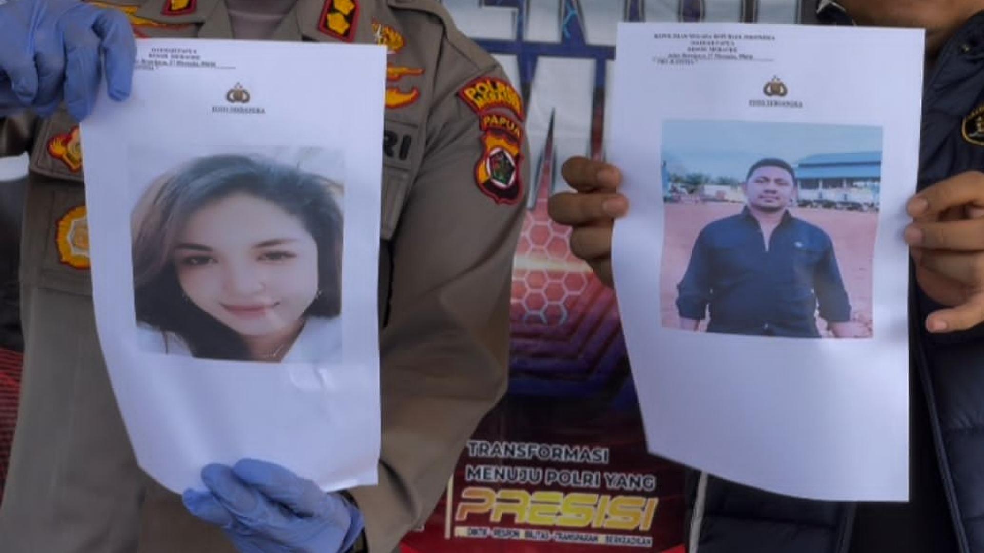 Polisi menunjukkan foto pasutri RDP dan RH yang jadi tersangka kasus penipuan PT Elora Papua Abadi. Foto: Ami/ Papua60detik